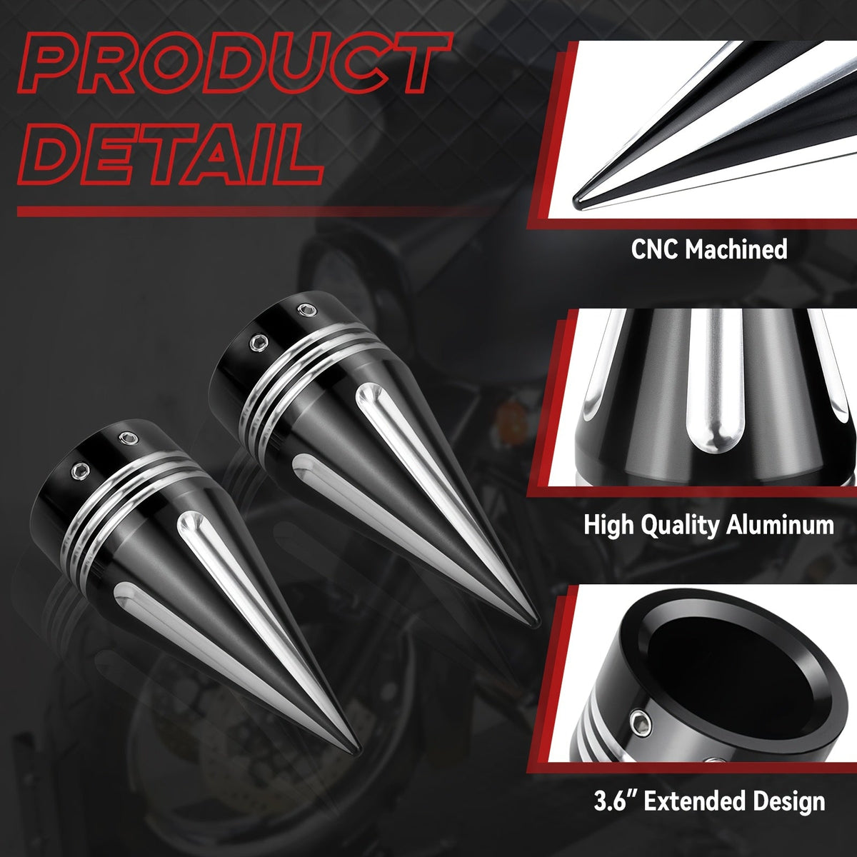 Harley Front Axle Nut Covers CNC Spike Caps 3.6" – Bolt-On Pair for Touring Street Glide Road King Electra Glide Tri Glide 2008+ | Black & Silver