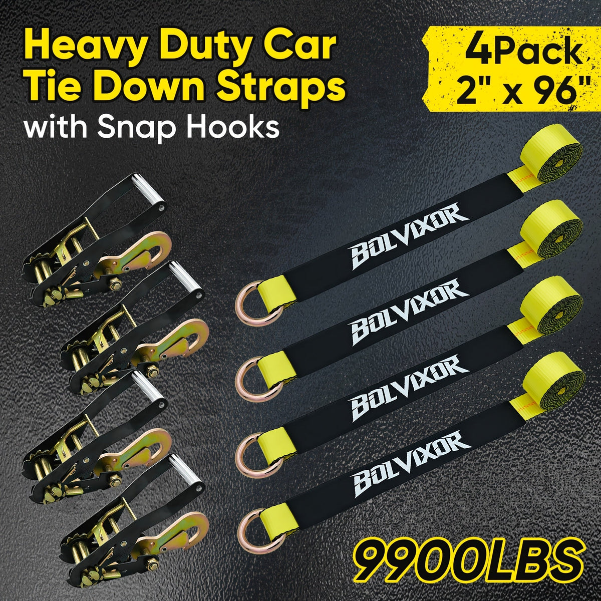 Ratchet Tie Down Straps 4-Pack – 9900 LB Break Strength, 2"x96" Wheel Straps with Snap Hooks for UTV, SUV, Truck & Trailer Transport