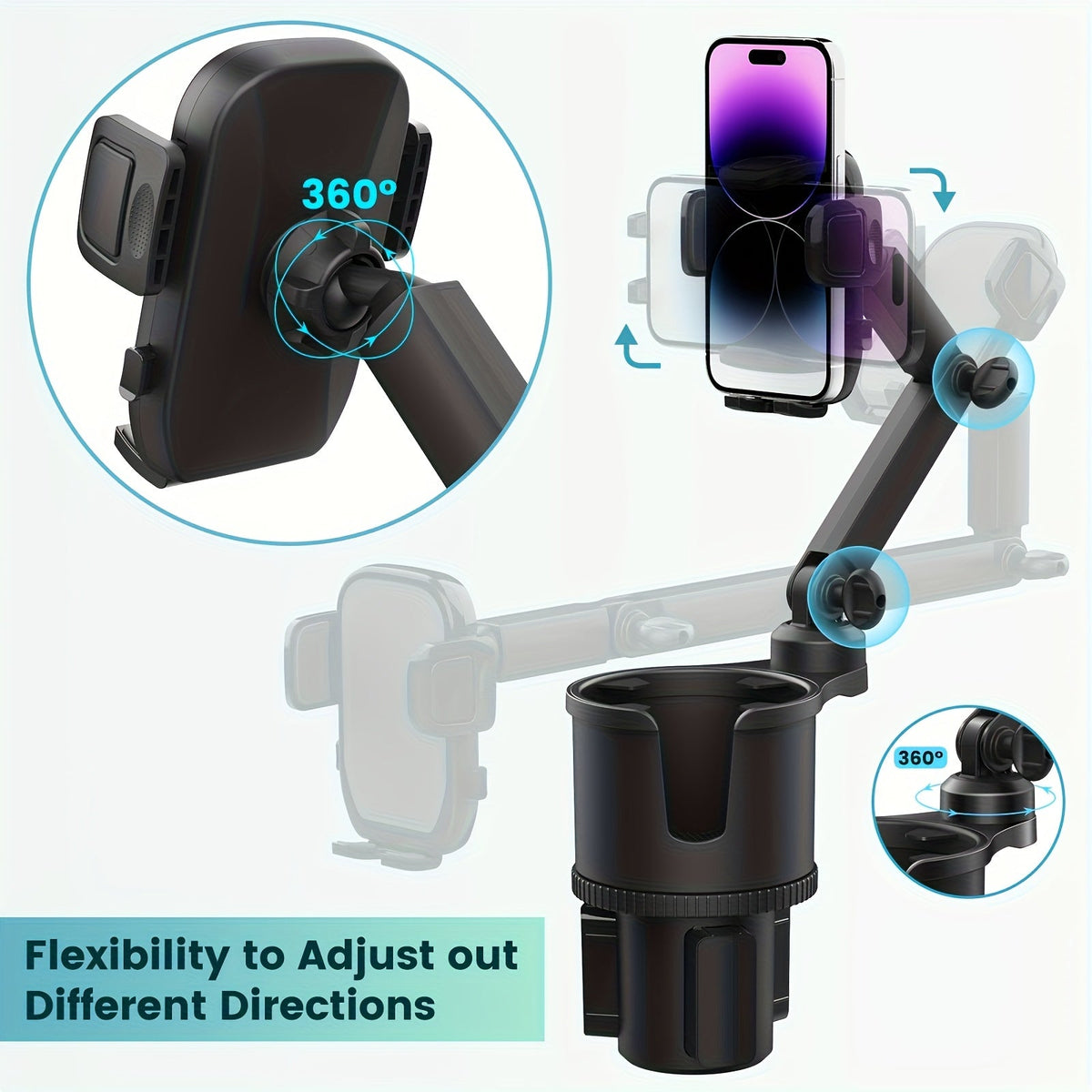 Car Cup Holder Extender 2-in-1 – Swivel Phone & Cup Holder for Car SUV Truck with Shock Trim, Black