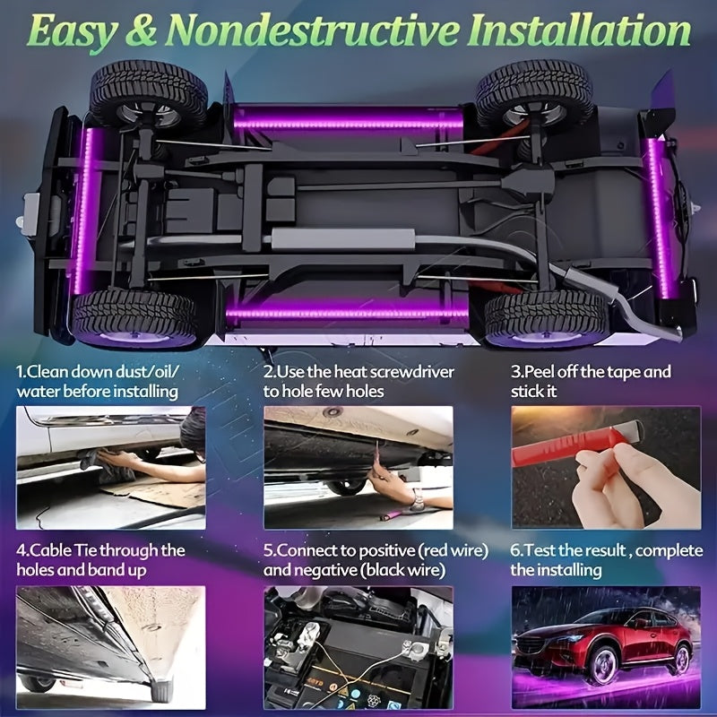 RGB LED Underglow Chassis Light Strip 4pcs App Remote Dual Control 16 Million Colors DC 12V Neon Ambient Kit for Car Pickup Truck SUV