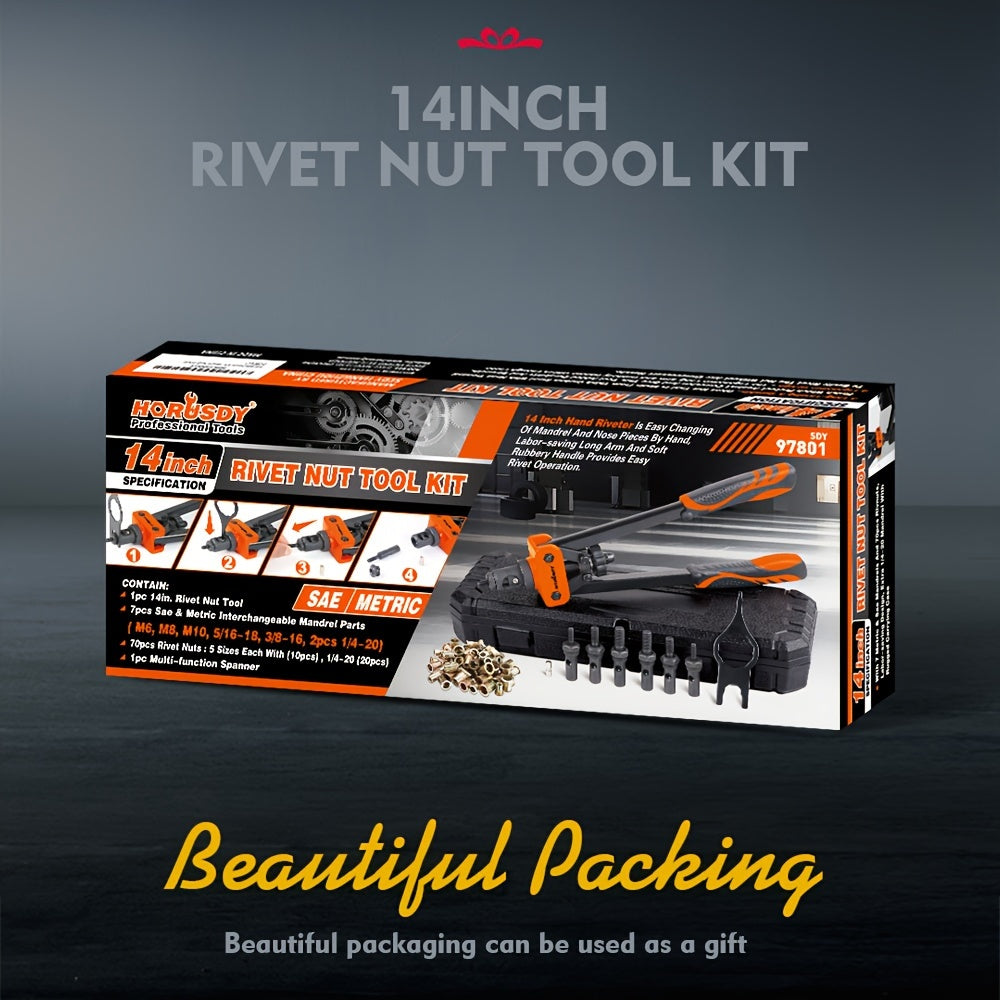 14-Inch Hand Rivet Nut Tool Kit – 7 Mandrels (M6 M8 M10 / 1/4-20 5/16-18 3/8-16), 70pcs Rivet Nuts, Chrome Steel, Carrying Case Included