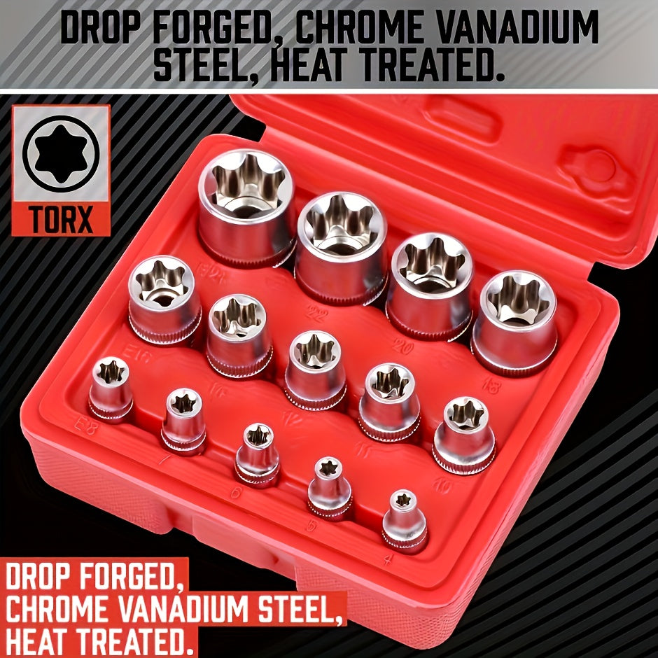 External Torx Socket Set 14pcs E4-E24, 1/4" 3/8" 1/2" Drive E-Torx Star Sockets, Cr-V Steel with Storage Box, for Cars Trucks & Auto Repair