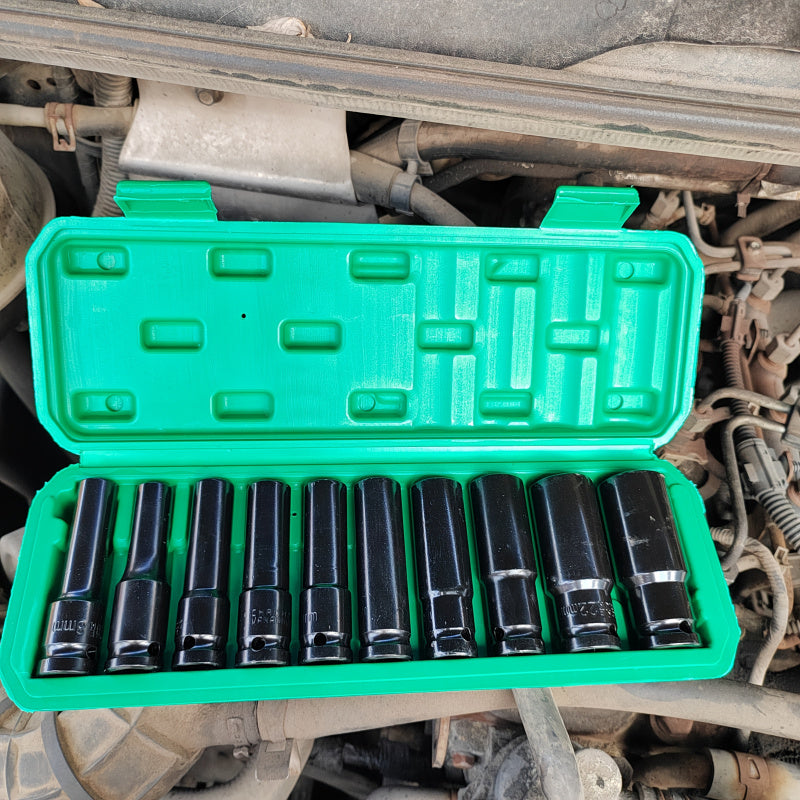 1/2-Inch Drive Deep Impact Socket Set – Chrome Vanadium Steel, Pneumatic & Electric Drill Compatible, Tire Removal & Auto Repair, with Green Storage Case (15 or 20 Piece)