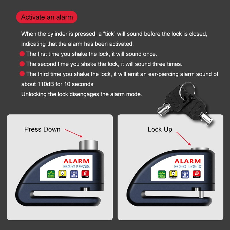 Motorcycle Disc Brake Lock 120dB Alarm Anti-Theft USB Rechargeable 500mAh with Reminder Cord for Motorcycle Bicycle Dirt Bike Scooter 4 Colors Red Black Yellow Blue