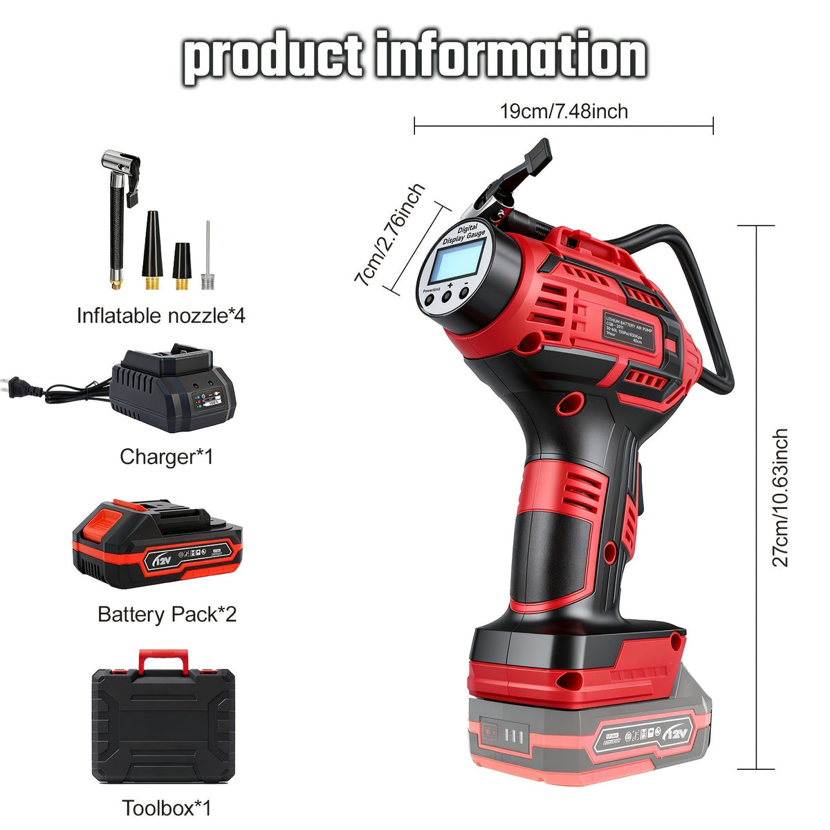Cordless Tire Inflator 20V 980kPa – Portable Air Compressor with Digital Display, 1500mAh Battery, 12V Car Adapter & USB, for Cars Motorcycles Bicycles Balls