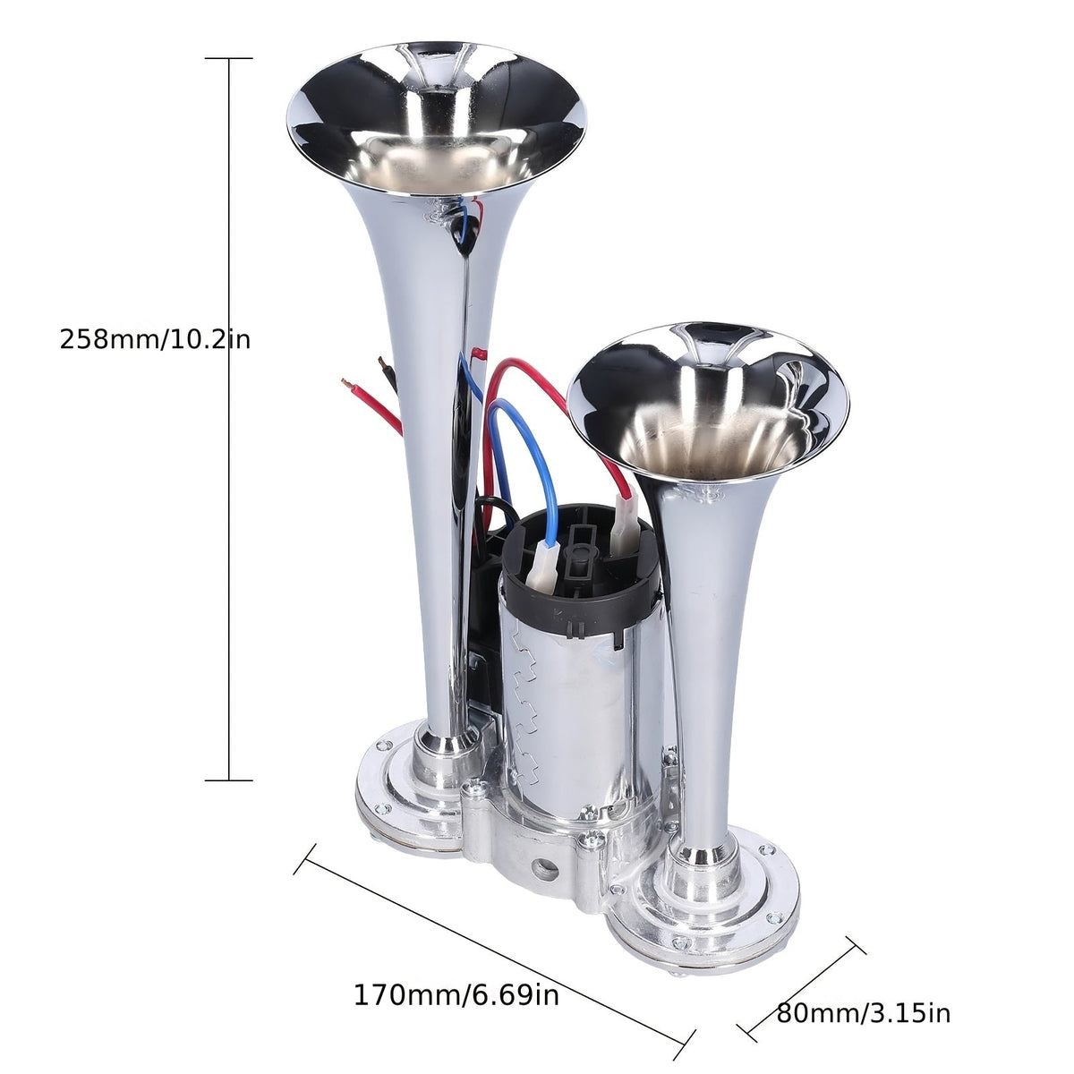 Air Horn for Truck 130dB Double Tube, 12V/24V Aluminum Alloy Compressor Horn, Super Loud for SUV Motorcycle Boat Bus Train Off-Road, Universal Bracket, Easy Install