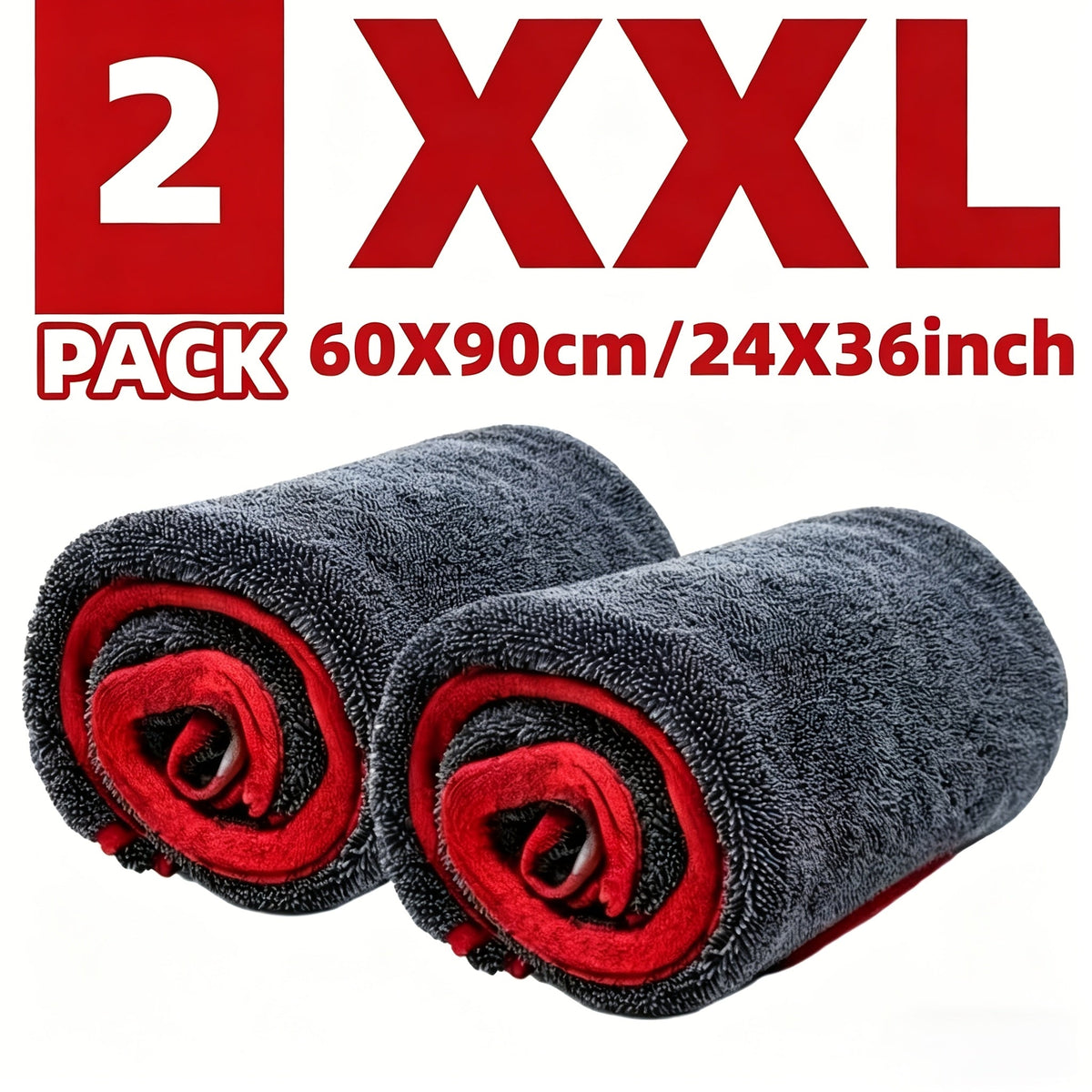 XXL Microfiber Car Drying Towel 2-Pack, Twist Ring Super Absorbent, Thickened for Cars Trucks Boats — Red & Gray Detail Cloth