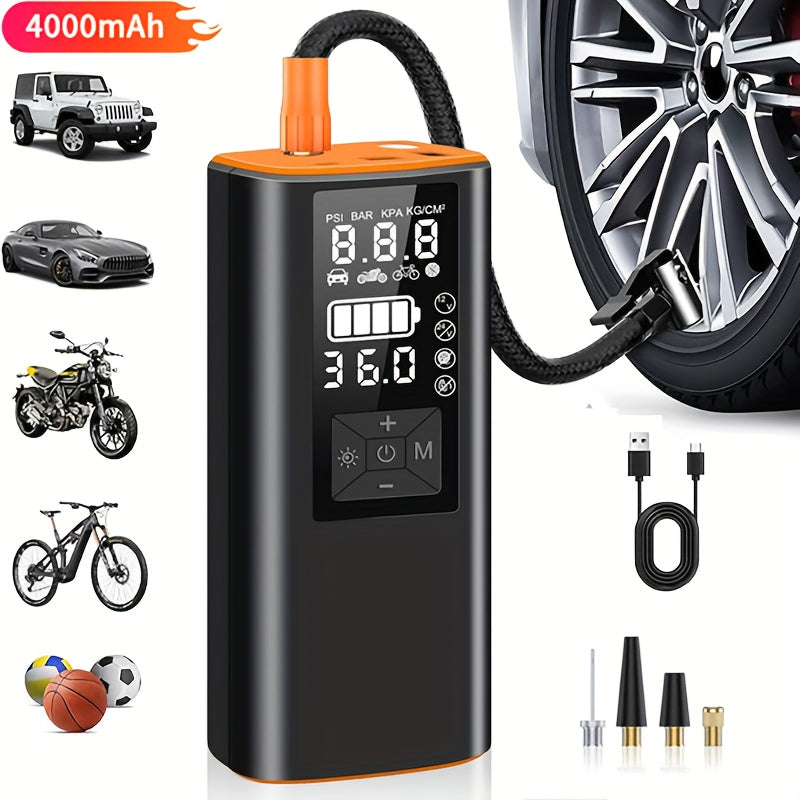 Portable Tire Inflator Air Compressor 150PSI – 6000mAh Rechargeable, USB-C, Dual Screen, Auto Shutoff, LED Light, 4 Modes for Car, Motorcycle, Bike & Ball
