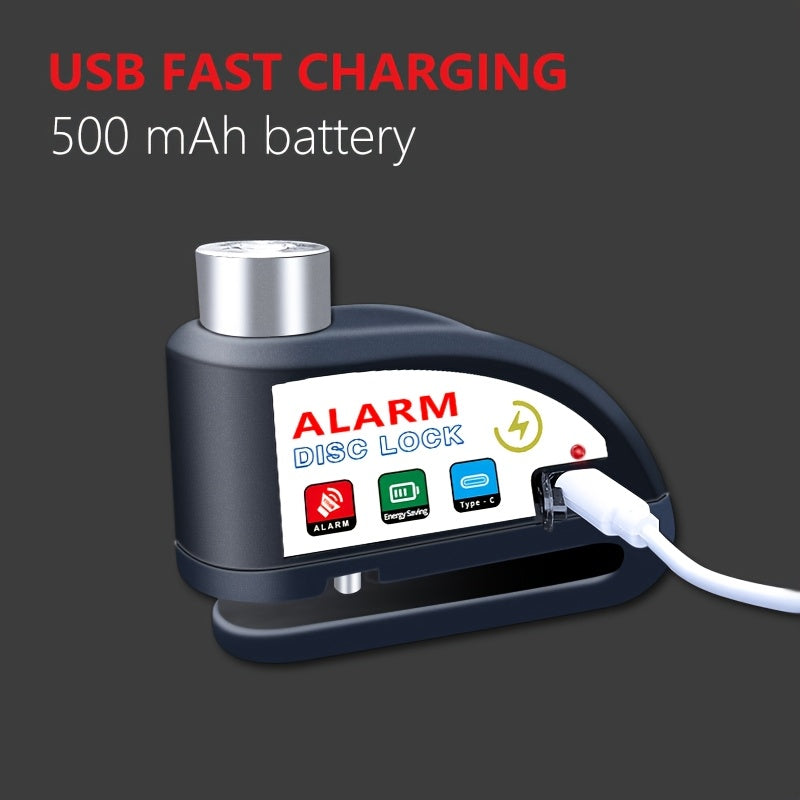 Motorcycle Disc Brake Lock 120dB Alarm Anti-Theft USB Rechargeable 500mAh with Reminder Cord for Motorcycle Bicycle Dirt Bike Scooter 4 Colors Red Black Yellow Blue