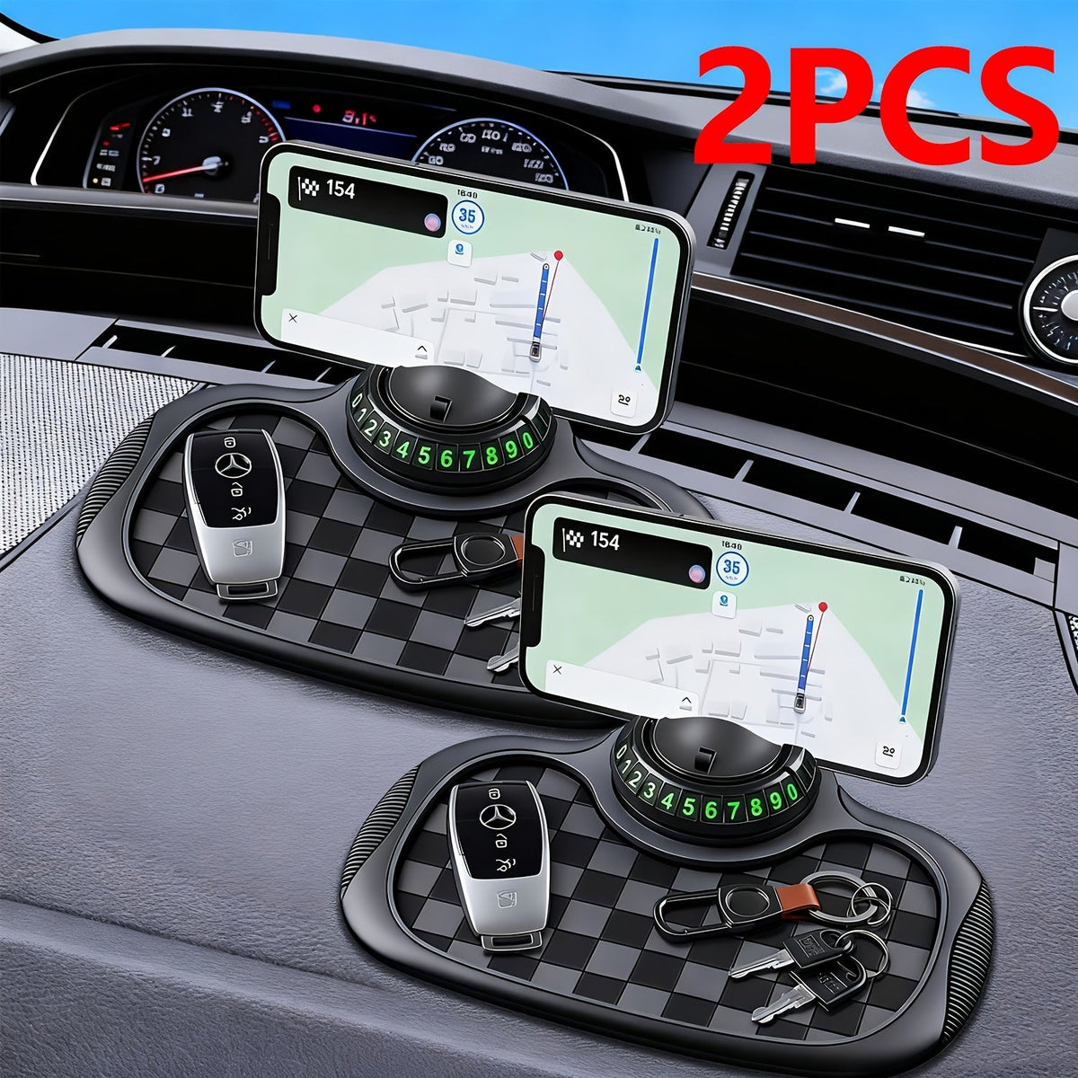 Non-Slip Car Dashboard Pad with 360° Rotating Phone Holder & Parking License Plate – Anti-Slip PVC Grip Mat, Ergonomic Oval Design