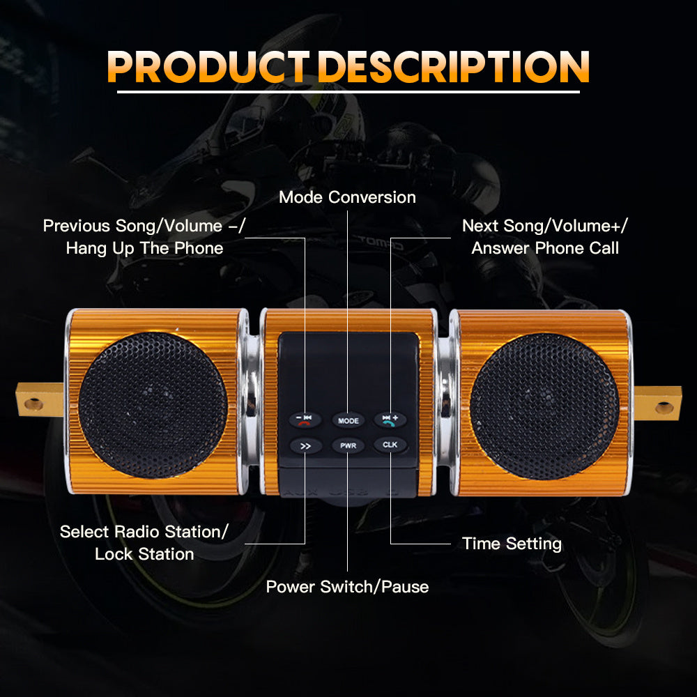 Motorcycle Sound Bar with Built-In Amplifier 12V Wireless Stereo MP3 Player Handlebar Mount for Motorcycle ATV UTV Scooter Off-Road Bike USB Input Button Control