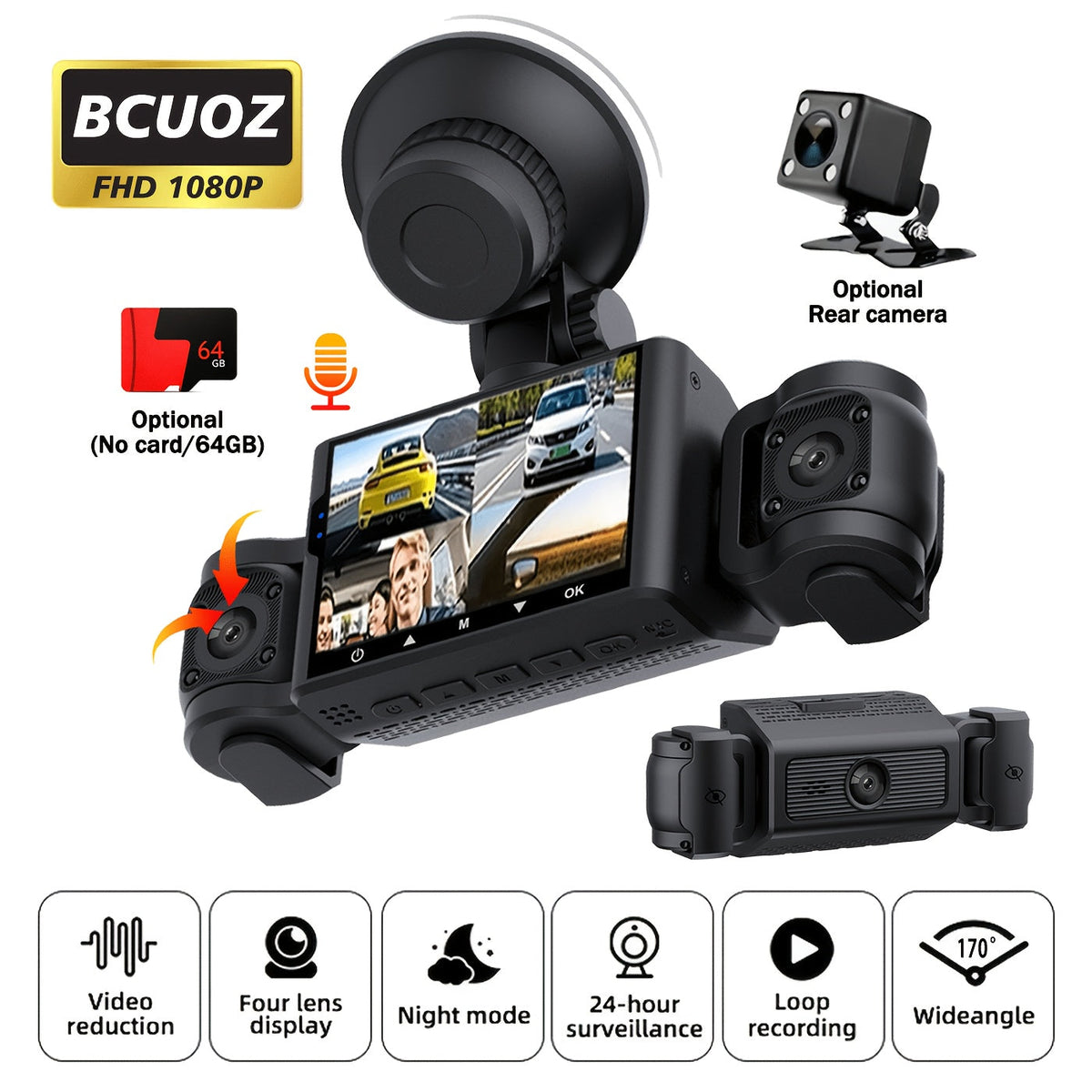 4-Lens 360° Dash Cam 1080P – Front Rear Left Right Coverage, 2.4" Quad-Split Screen, Super Night Vision WDR, G-Sensor Loop Recording, Optional 64GB Card