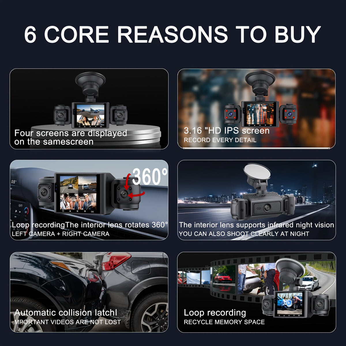 4-Lens 360° Dash Cam 1080P – Front Rear Left Right Coverage, 2.4" Quad-Split Screen, Super Night Vision WDR, G-Sensor Loop Recording, Optional 64GB Card