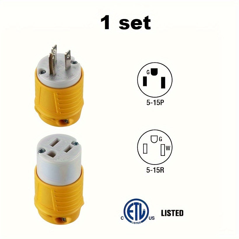 NEMA 5-15R RV Replacement Plug Set | Male & Female Connectors 15A 125V American Industrial Straight Connector for RV, Generator & Outdoor Use – Yellow, 1 or 3 Sets