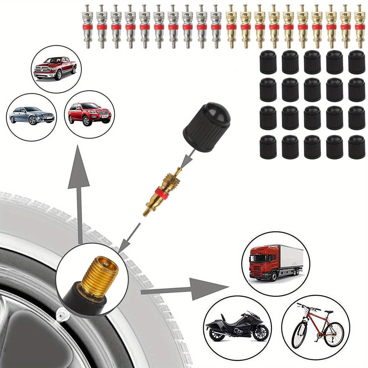 Tire Valve Stem Tool Kit 54-Piece, Valve Stem Puller Installer & Core Remover Set for Cars Trucks Motorcycles ATVs Bicycles, TR412 Stems, Copper Valve Cores & Caps Included