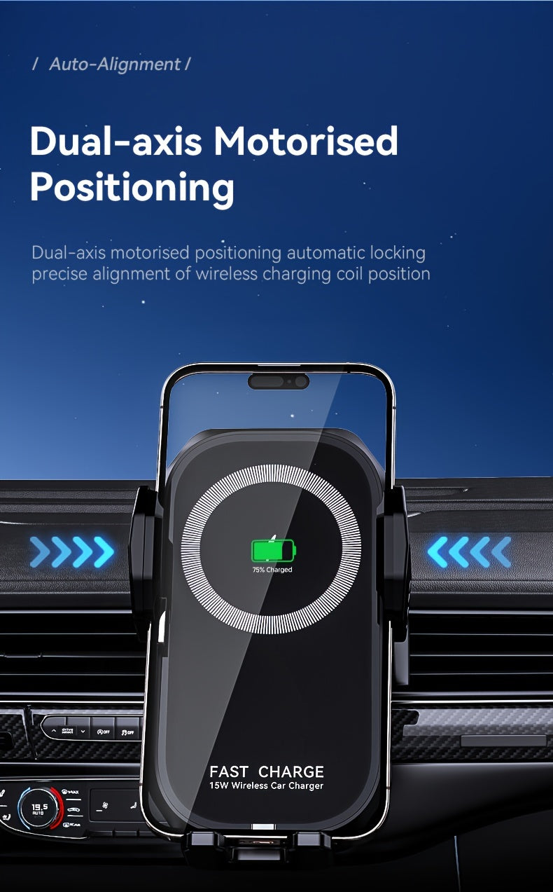 Wireless Car Charger Mount 15W Auto-Clamping – Fast Charging Air Vent Phone Holder for iPhone 16 15 14 13 12 Pro Max & Samsung Galaxy