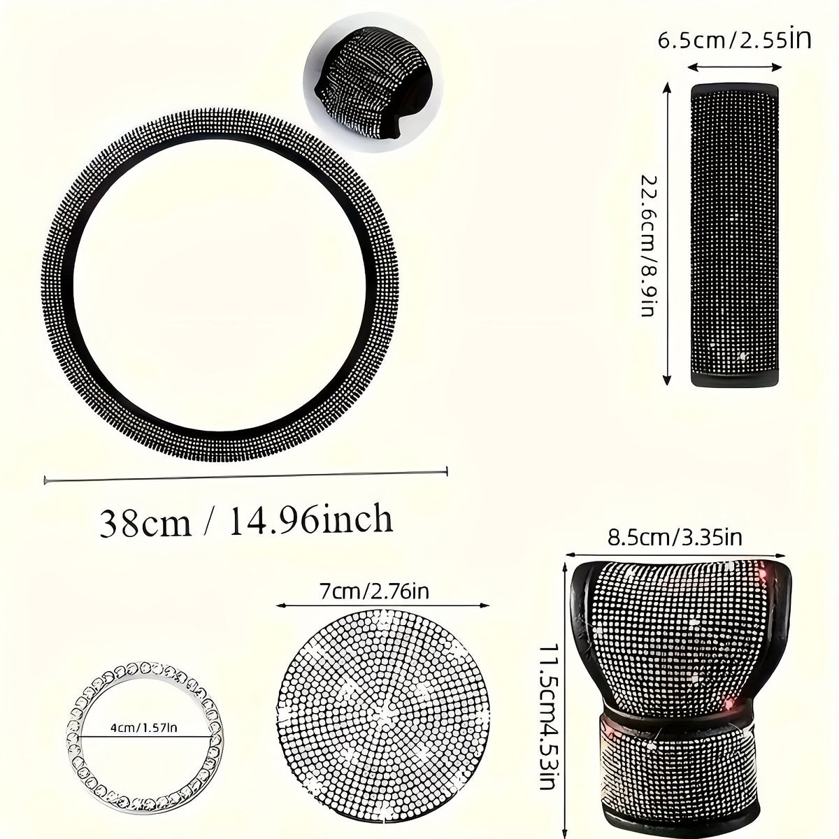 Bling Car Accessories Set for Women – 8pcs Rhinestone Steering Wheel Cover, Cup Coasters, Seat Belt Shoulder Pads, Starter Rings & Gear Shift Cover