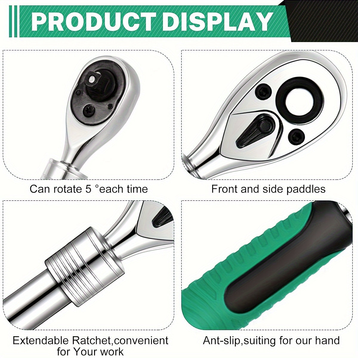 Extendable Ratchet Set 3-Piece 1/4 3/8 1/2 Inch Drive 72-Tooth Quick-Release with Soft Grip Handle – Reversible Gear Socket Wrench for Mechanics