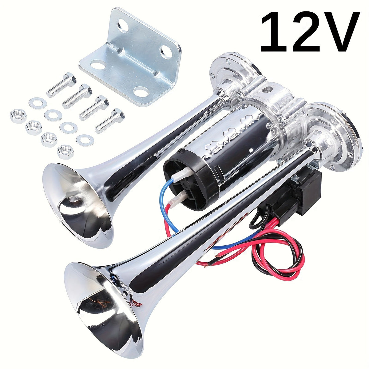 Air Horn for Truck 130dB Double Tube, 12V/24V Aluminum Alloy Compressor Horn, Super Loud for SUV Motorcycle Boat Bus Train Off-Road, Universal Bracket, Easy Install