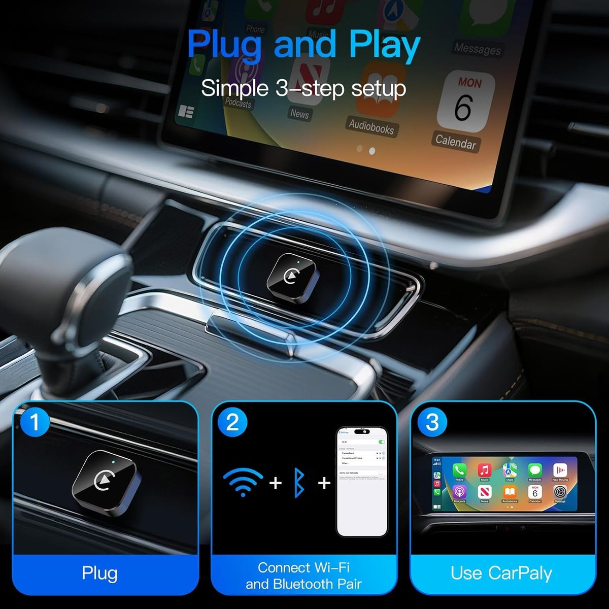 Wireless CarPlay Adapter 2-in-1 – Wired to Wireless CarPlay & Android Auto, Mini USB + Type-C, Fast Stable Connection | iOS 10+ & Android 11+