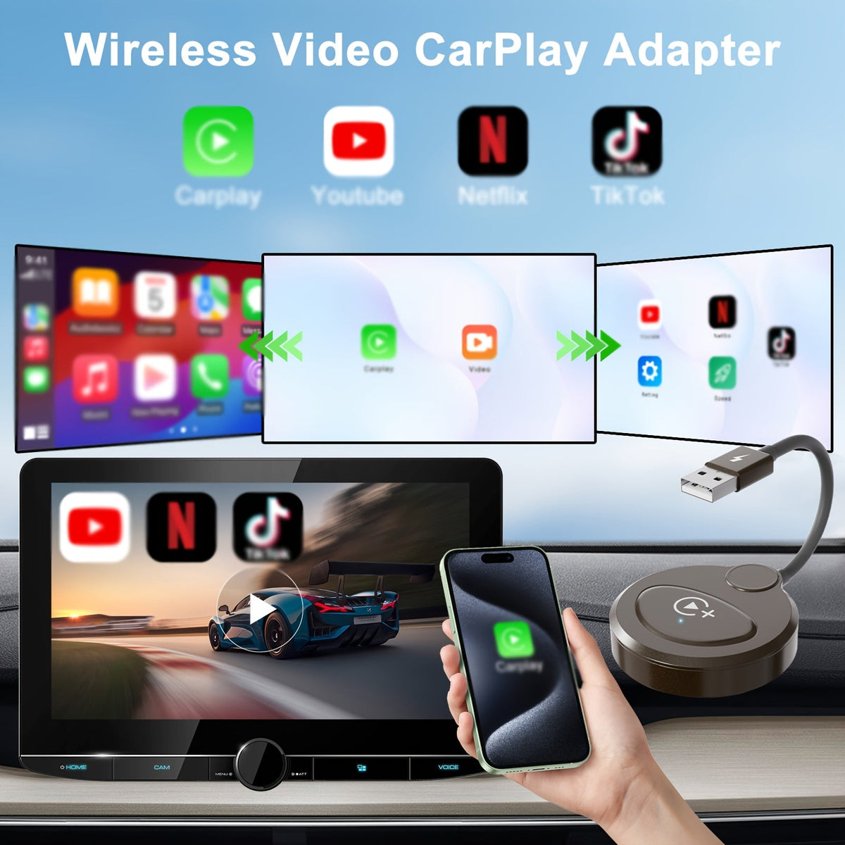 Wireless CarPlay Adapter Dual-Band 2.4G+5GHz – Netflix & YouTube Streaming | OEM Wired to Wireless | 2016+ Cars & iOS 10+