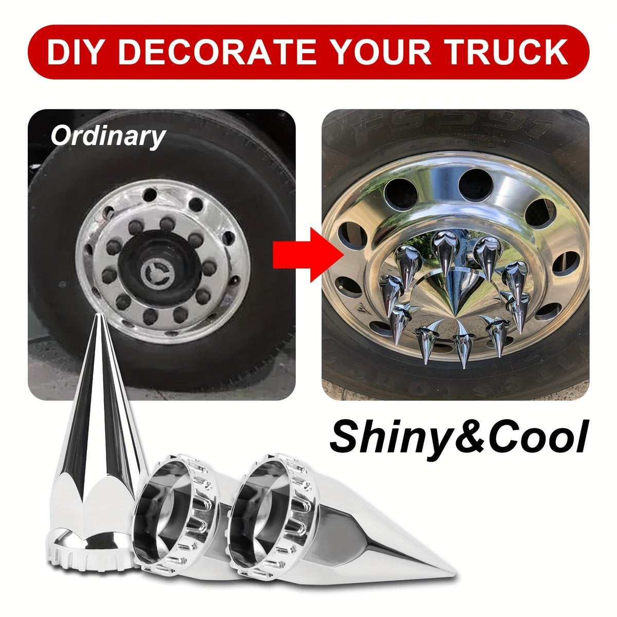 Spike Lug Nut Covers 33mm – Chrome ABS Screw-On Pointed Caps for Semi Trucks & Hub-Piloted Wheels, 60-Pack