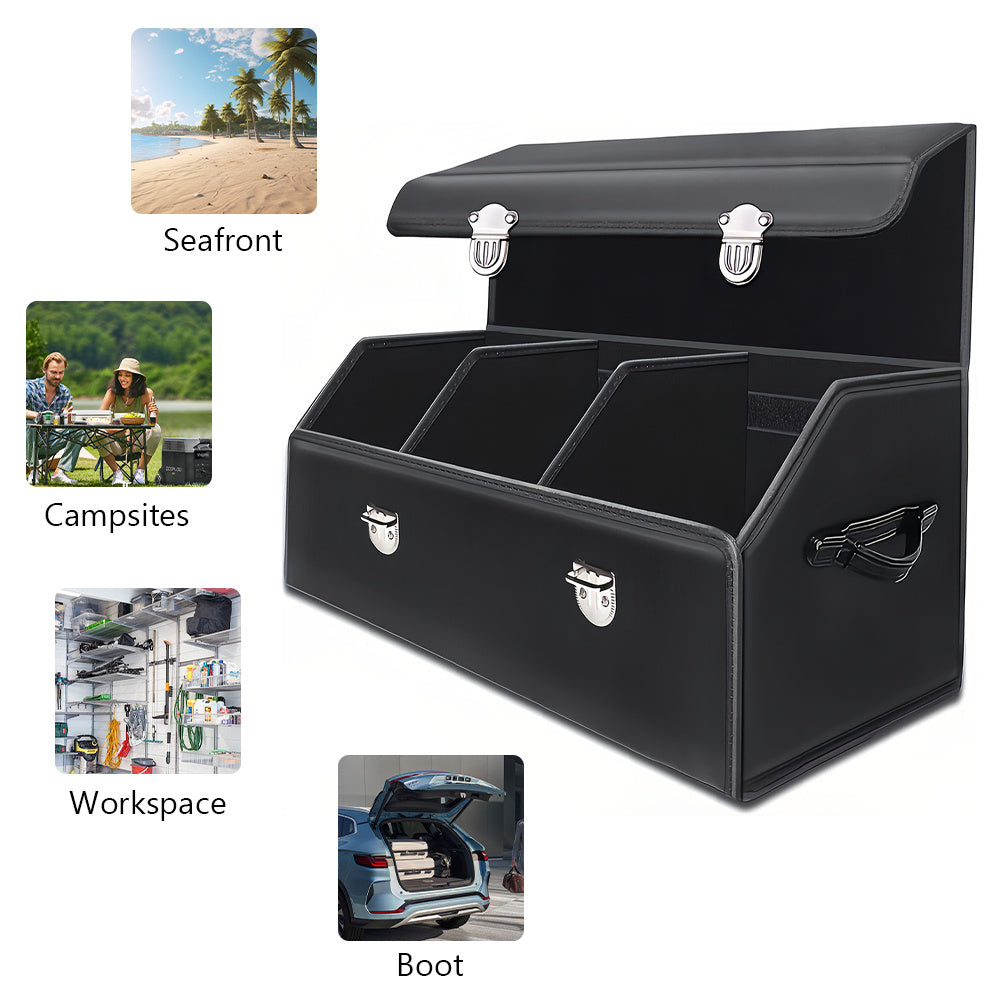 Car Organizer Box PU Leather Multi-Compartment - Foldable Large Capacity Storage for SUV Truck Camper & Workspace, Durable Auto Interior Accessory