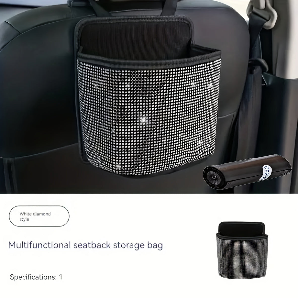 Bling Car Trash Can with Rhinestones Hanging Seat Back Organizer Sparkling Glam Car Interior Accessory with Trash Bag for Car SUV Minivan Truck Gift for Women