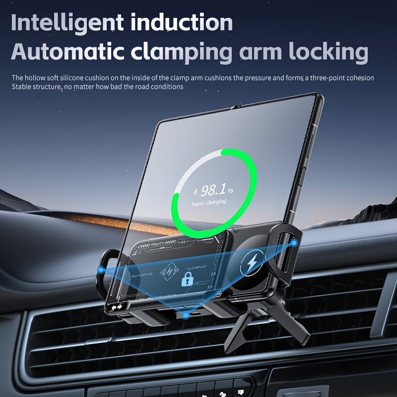 15W Wireless Car Charger Mount, Auto-Clamping, Electric Rotation, Fast Charging for iPhone 16/15/14/13/12 & Samsung Z Fold6/5/4, 4.3"-6.9" Phones