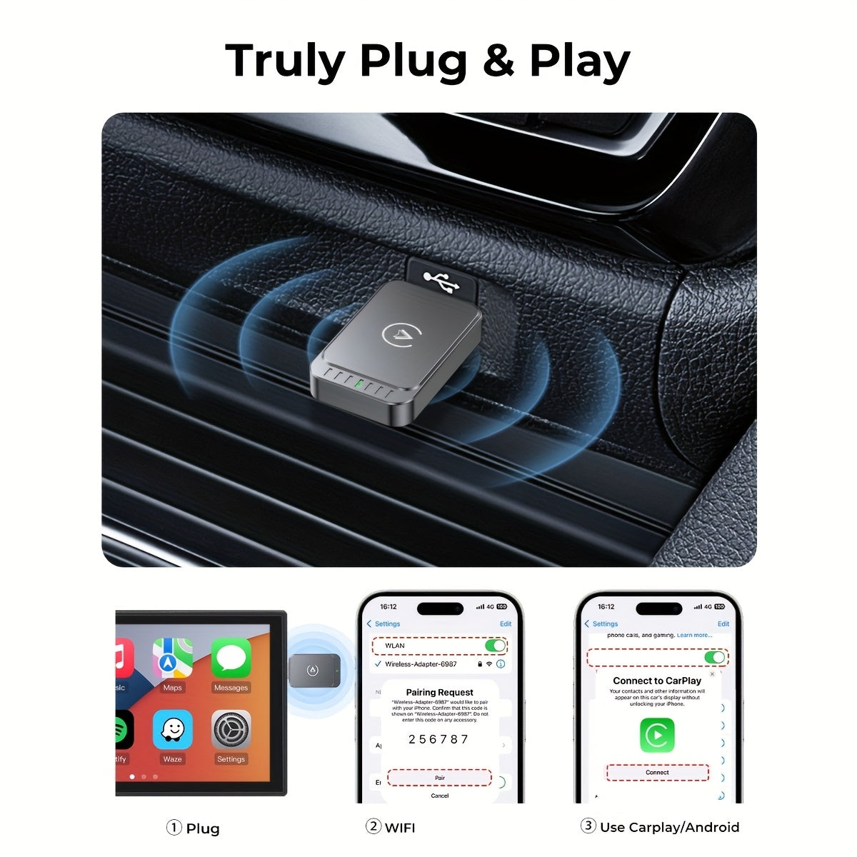 Wireless CarPlay Android Auto Adapter 2-in-1 AI Box, Wired to Wireless Converter 2.4G 5GHz WiFi, Compatible with 99% Cars, iPhone iOS 10+ Android 11+