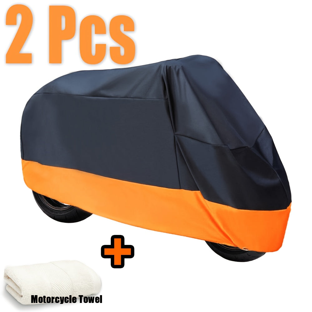 Motorcycle Cover 3XL Waterproof – 190T UV Protection, Tear-Resistant Fabric, Lock Holes, Outdoor Storage Cover with Towel | Black & Orange