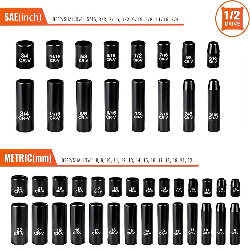 Socket Wrench Set 1/2" Drive – 44/34+1/50 Piece Pneumatic Tool Kit with Air Socket Wrench for Automotive & Household Repair