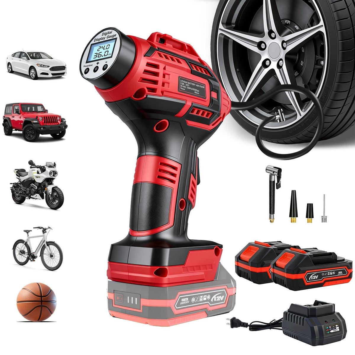 Cordless Tire Inflator 20V 980kPa – Portable Air Compressor with Digital Display, 1500mAh Battery, 12V Car Adapter & USB, for Cars Motorcycles Bicycles Balls