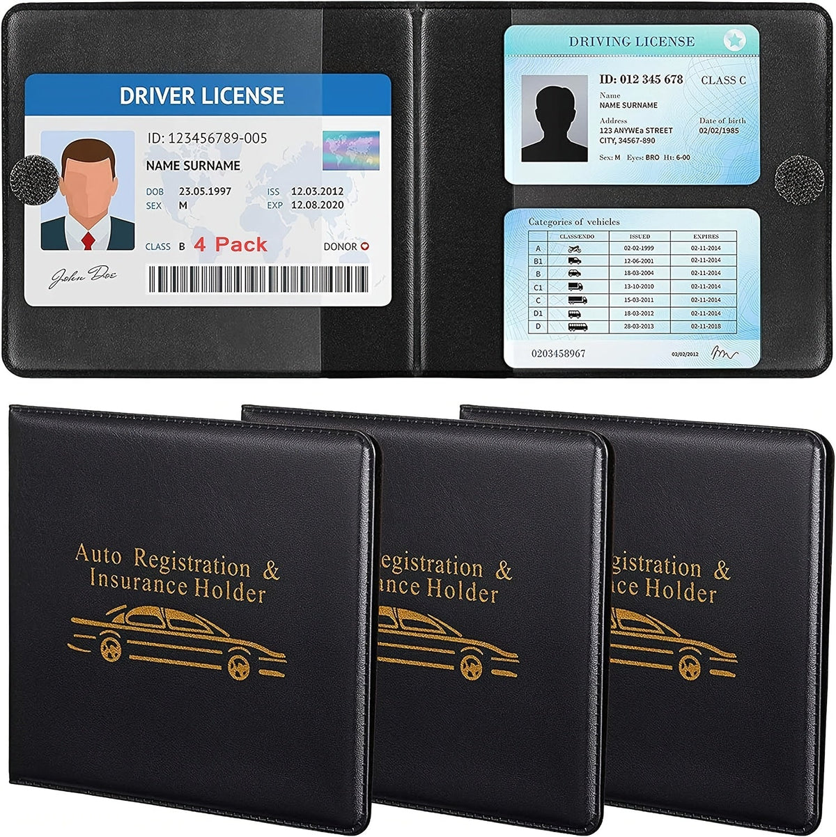 Car Document Holder – Multi-Slot Insurance Card, Registration & Driver License Organizer for Car Truck Motorcycle Trailer | Black Gold Design, 1pc & 2-Pack