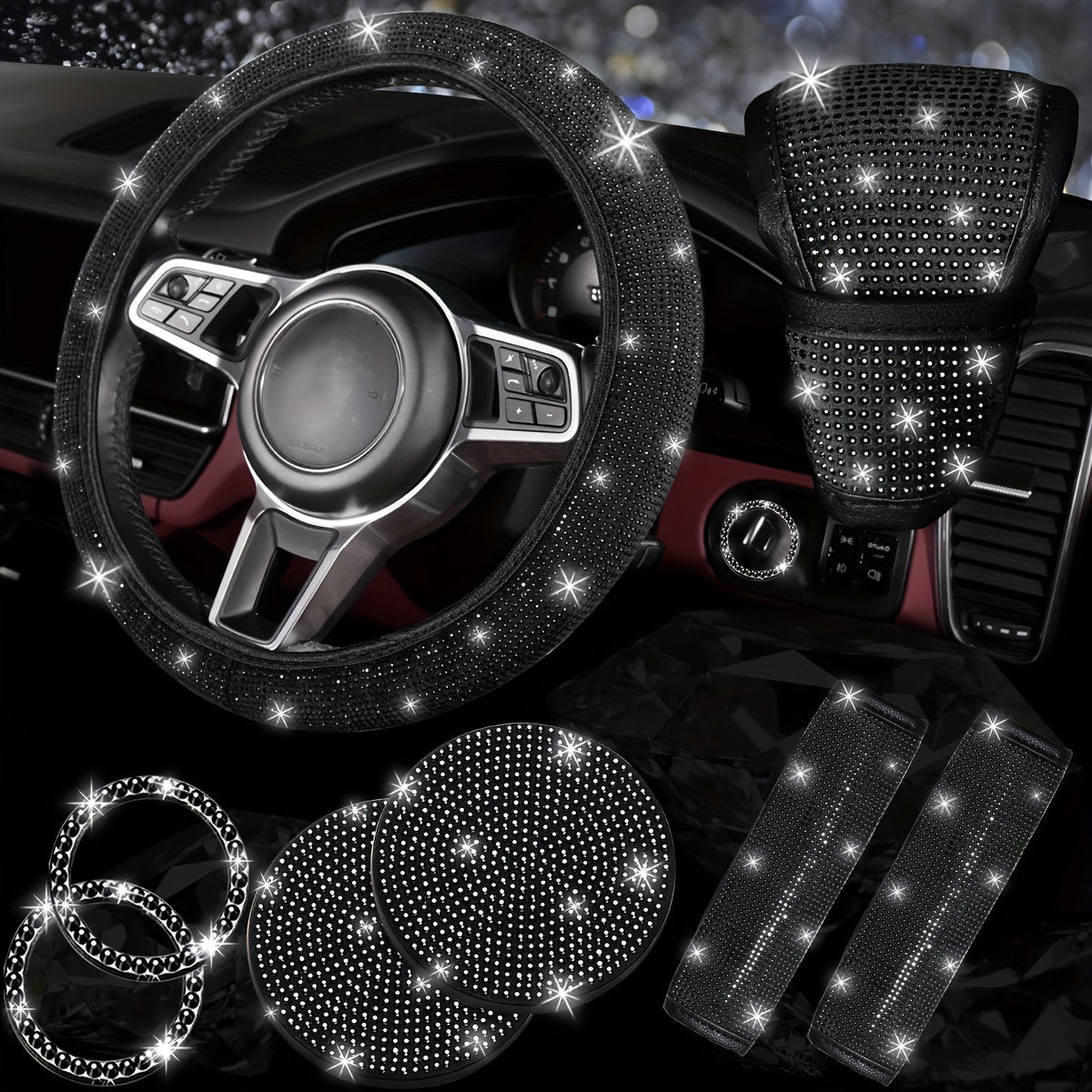 Bling Car Accessories Set for Women – 8pcs Rhinestone Steering Wheel Cover, Cup Coasters, Seat Belt Shoulder Pads, Starter Rings & Gear Shift Cover