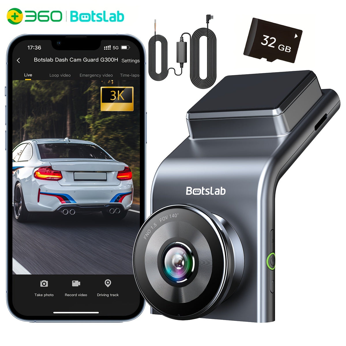 Dash Cam 3K WiFi GPS – 140° Wide Angle, Night Vision, WDR, Parking Mode, Motion Detection & Loop Recording | Botslab G300H Pro