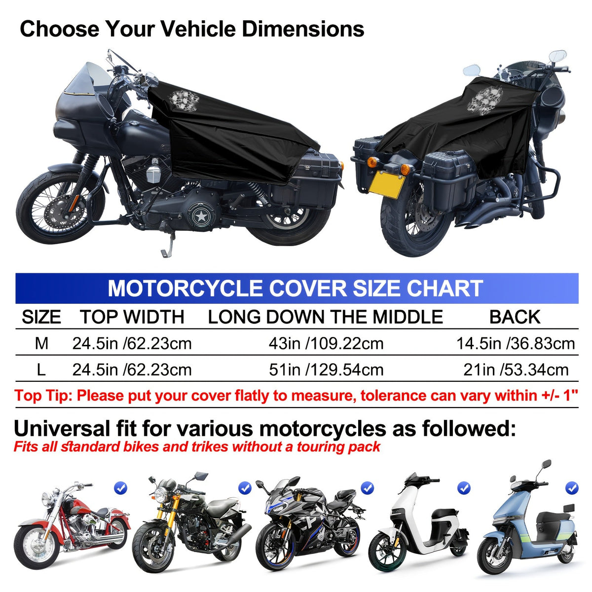Motorcycle Seat Cover Waterproof 300D Oxford Cloth Half Cover – Rain Snow UV Protection for Touring Cruiser Bikes M 43in L 51in with Storage Bag