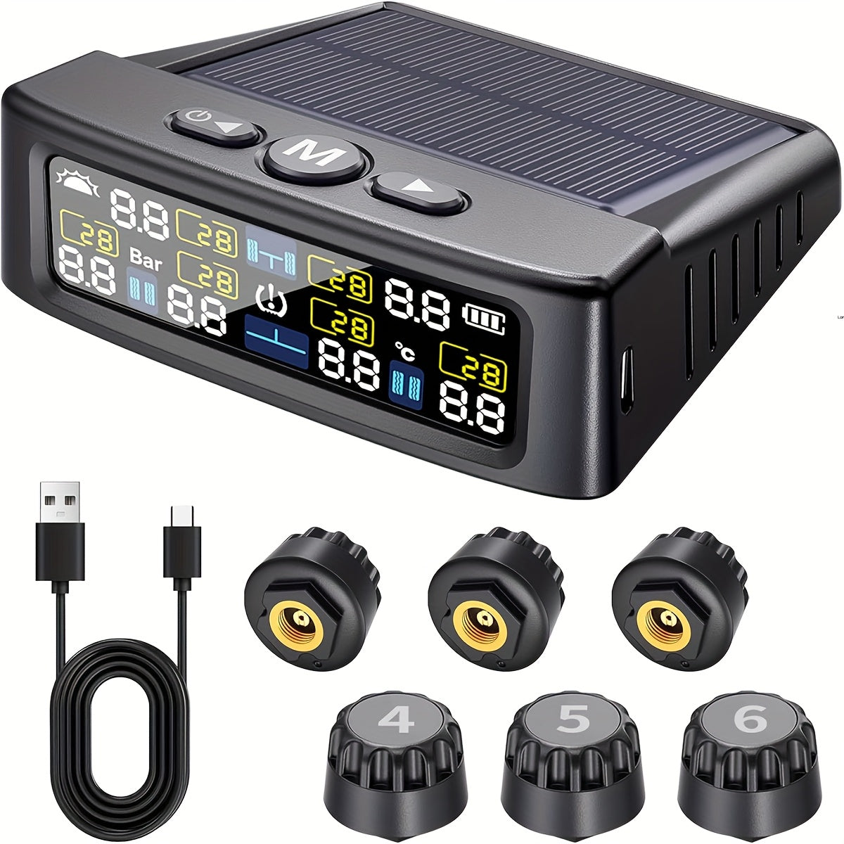 TPMS 6-Wheel Tire Pressure Monitoring System – Solar Charging, 6 Sensors, 6 Alarm Modes, Real-Time Display, Universal Fit for Truck SUV RV