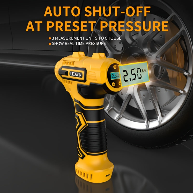 Cordless Tire Inflator 150 PSI – Auto-Shutoff, Digital Pressure Gauge, LED Light, Rechargeable Handheld Air Pump for Car, Motorcycle & Bike