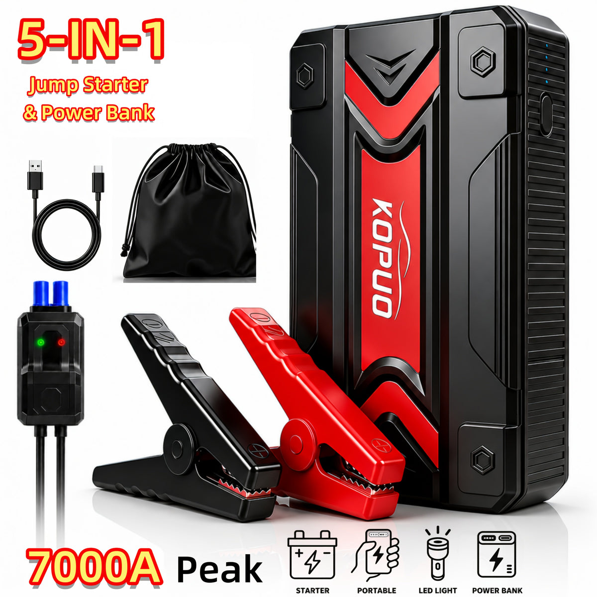 Portable Car Jump Starter 6000-20000A Peak – 7-in-1 with 150PSI Air Compressor, Power Bank, LED Light & Smart Clamp, 12V Battery Booster