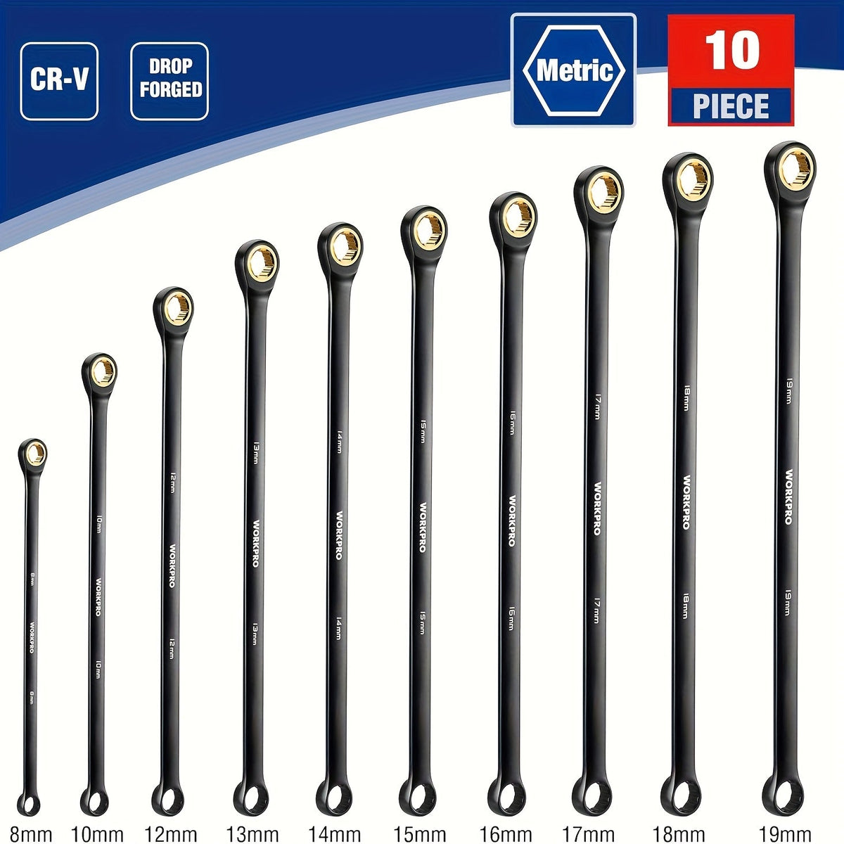 Ratcheting Wrench Set 10-Piece Extra Long Double Box Wrenches Metric 8-19mm 72-Tooth Cr-V Steel Anti-Slip with Rolling Pouch by WORKPRO