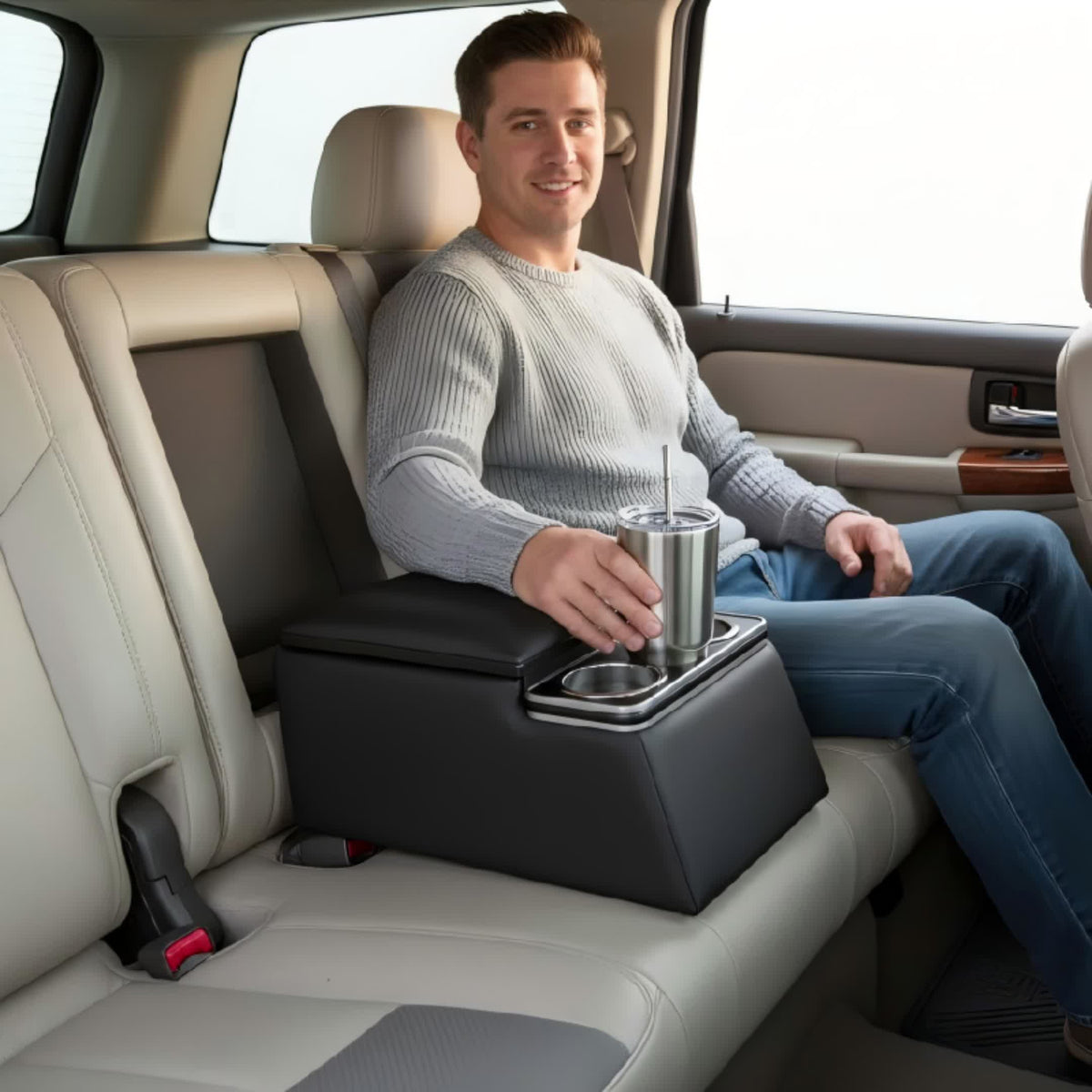 Universal Car Center Console Armrest Box - Rear Bench Seat Organizer with Cup Holder & Storage, Truck SUV Van, Black