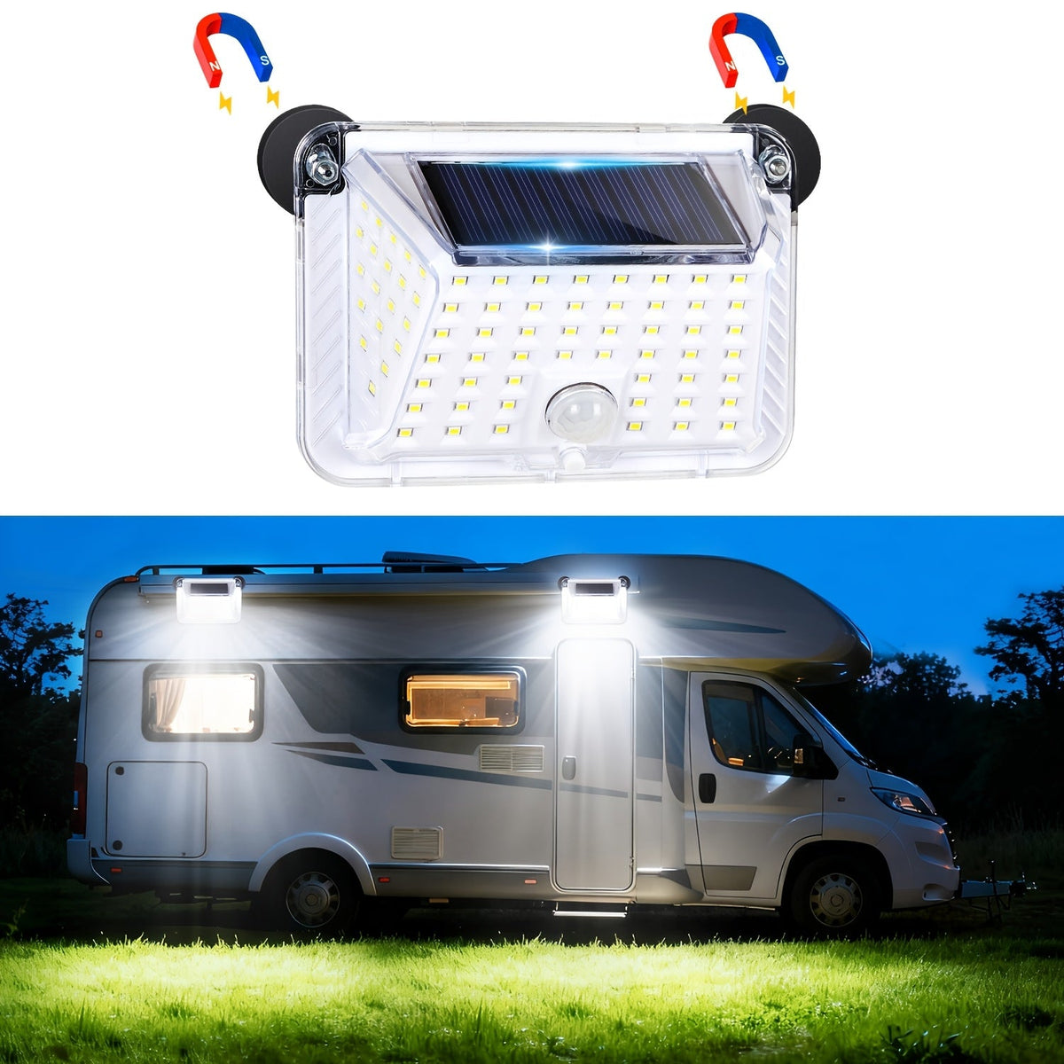 Magnetic Solar RV Light with Motion Sensor – 90 LED 270° Waterproof Outdoor Light for Trailer, Camper & RV Porch Awning, No-Drill Install, 3 Modes