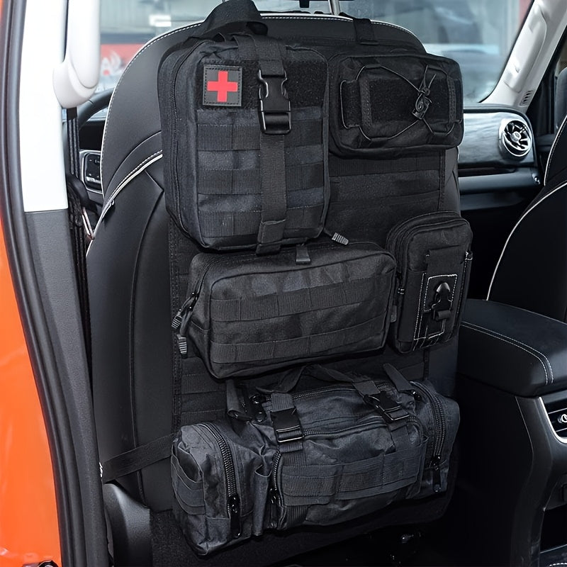 MOLLE Tactical Car Seat Organizer Pouch 6pcs Set Heavy Duty Nylon Adjustable Seat Back Storage for Jeep Truck SUV Gear First Aid Tools EDC Black