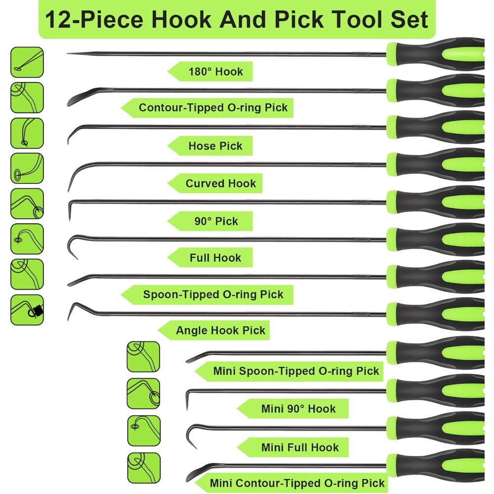 Hook and Pick Set 12-Piece Automotive O-Ring Seal Gasket Removal Tool Kit – Long & Mini Precision Pullers for Car Repair & Mechanic Use