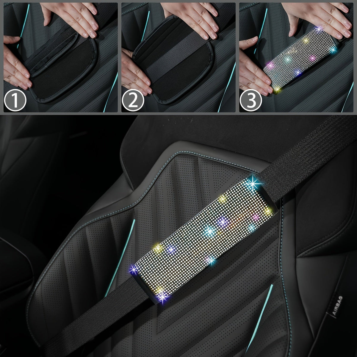 Bling Car Accessories Set for Women – 8pcs Rhinestone Steering Wheel Cover, Cup Coasters, Seat Belt Shoulder Pads, Starter Rings & Gear Shift Cover