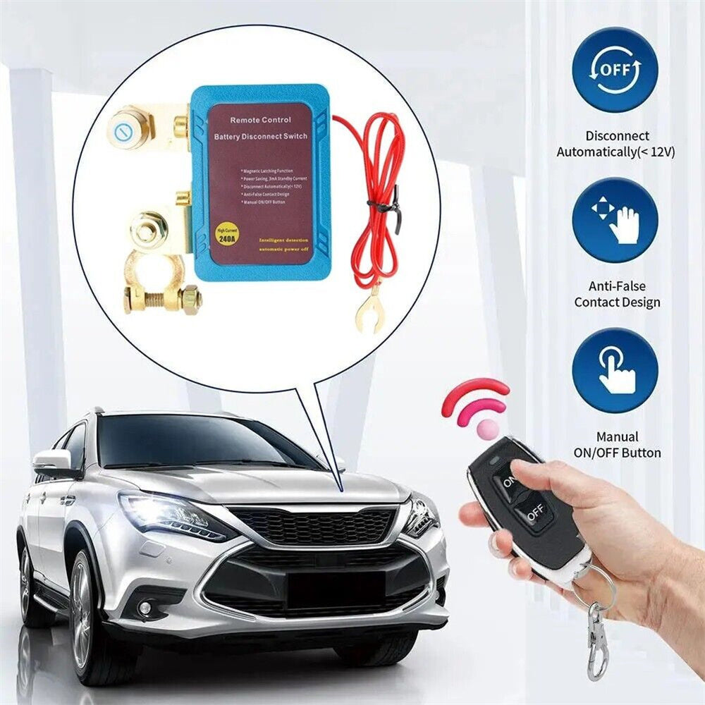 Remote Battery Disconnect Kill Switch 12V/24V 240A – Auto Cutoff at 11.8V, 433MHz Remote, Magnetic Latching, for Car, Truck, RV, ATV, Boat & Motorcycle