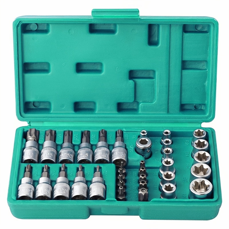 Torx Socket Set 34-Piece – Torx Bit Sockets & E-Torx Sockets for 1/4", 3/8" & 1/2" Drive, Male & Female Security Bits, Universal Fit