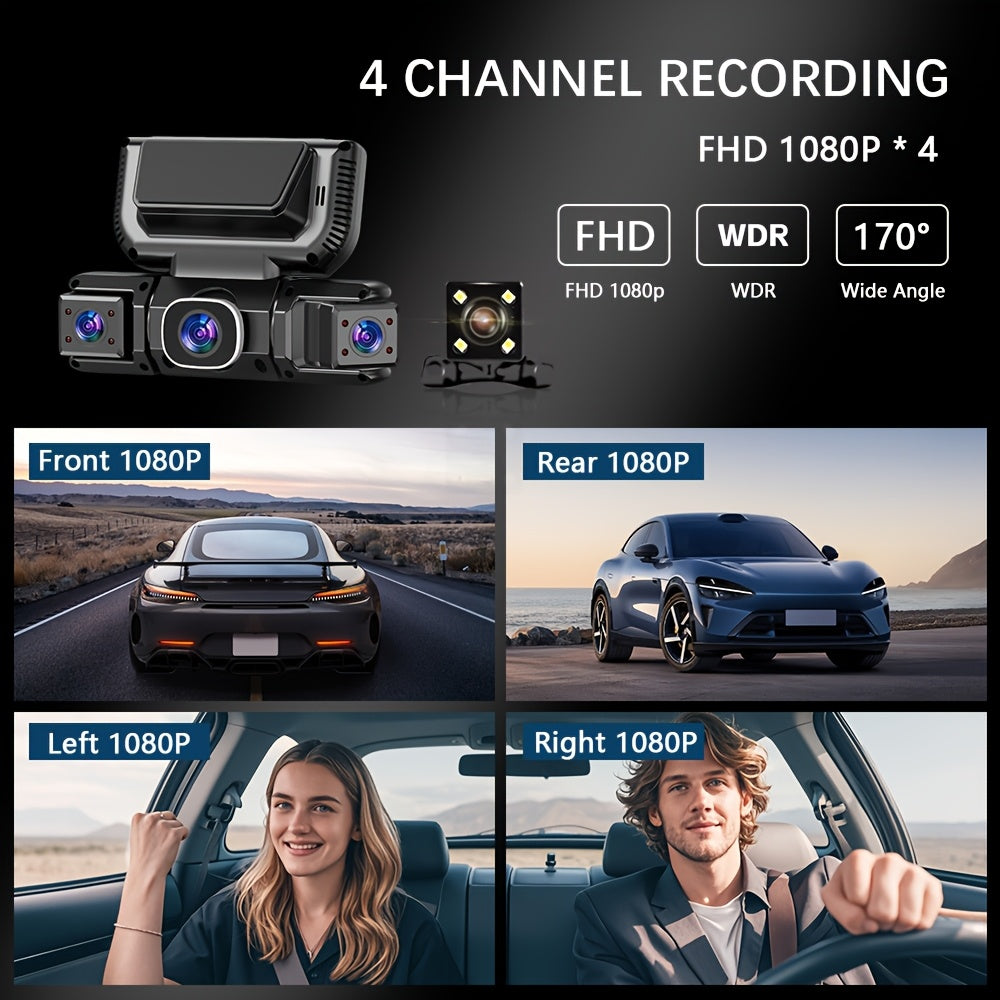 360° Dash Cam 4-Channel with Night Vision, 3.16" IPS Screen, WiFi, G-Sensor, Parking Mode & 32GB Card – Front Rear Side Car Camera