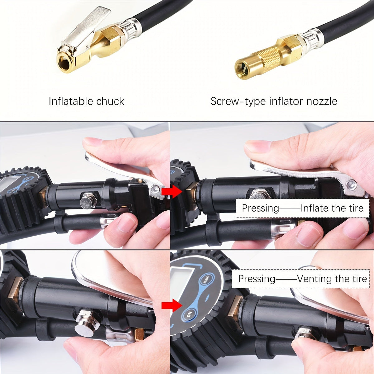 Digital Tire Pressure Gauge Inflator 0-200 PSI LCD Backlight Pistol Grip Aluminum Alloy for Car Truck Motorcycle Bike with 3 Connectors